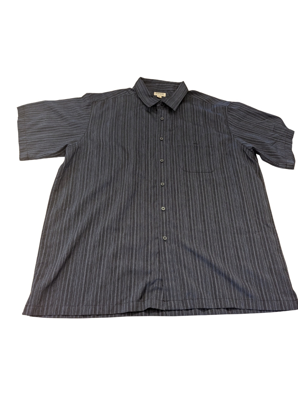 EUC Haggar Cool 18 Tec Mens XXL Short Sleeve Button Up Shirt Blue Texture Stripe